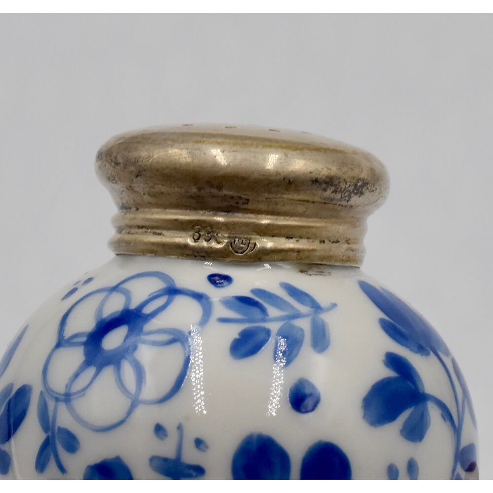 Rare Meissen Blue Porcelain Salt & Pepper Hand Painted Sterling Silver Lids - Picture 8 of 13